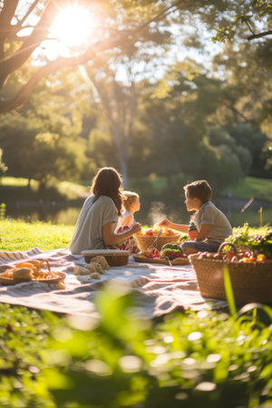 Extended family sharing a meal outdoors during golden hour with baskets and sunlit treesの素材