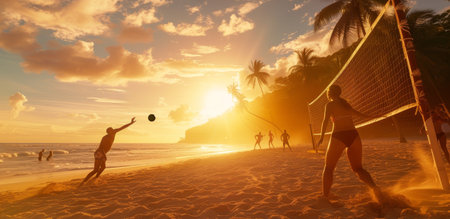Players engage in a beach volleyball game at sunset with a stunning ocean backdropの素材