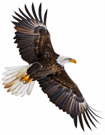 Dynamic view of a bald eagle in flight with wings spread wide against a clear backgroundの素材