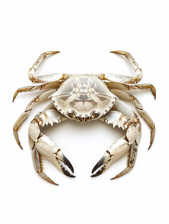 Overhead view of a spotted crab with pincers outstretched, isolated on white backgroundの素材