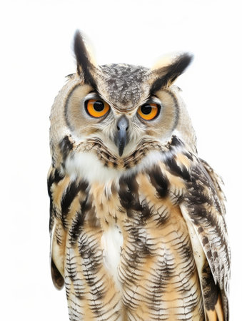 Close-up portrait of a Great Horned Owl with piercing eyes, isolated on whiteの素材