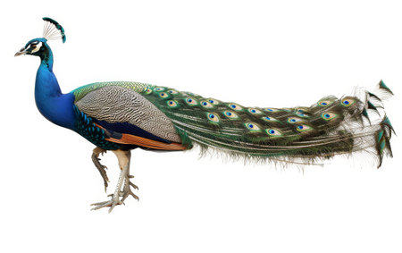 A peacock displaying its spectacular tail feathers in full splendor, isolated on whiteの素材