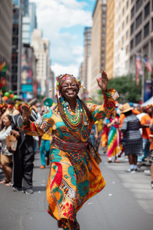 Woman in traditional African attire dances joyfully during an urban parade, her bright attire adding to the festive atmosphereの素材