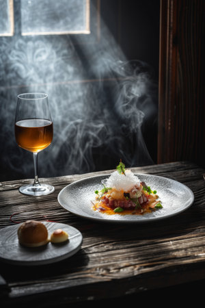 Exquisite gourmet plate garnished with frothy texture and vibrant green accents, accompanied by a glass of amber wine, all set against a dark, rustic backdrop with soft beams of light cutting of smokeの素材