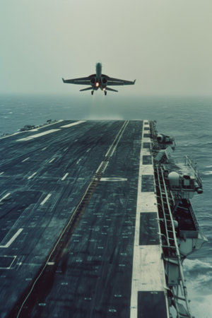 Retro fighter jet taking off from a carrier deck on a foggy day over the oceanの素材