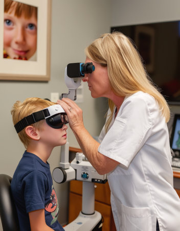 Female optometrist conducting an eye test on a young boy in an eye clinicの素材