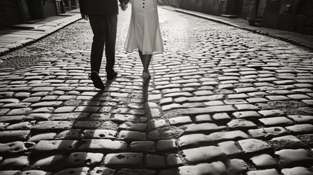 Silhouette of a newlywed couple holding hands, walking on a cobblestone street, with their shadows cast by the setting sunの素材