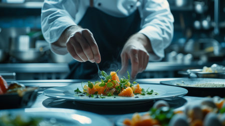Chef meticulously plating a dish with precision in a professional kitchen highlighting the focus on fine diningの素材