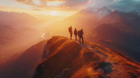 Group of hikers on mountain ridge at sunset overlooking a scenic valleyの素材