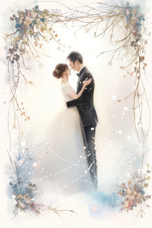 Silhouette of a couple embracing in a watercolor-inspired scene with whimsical floralsの素材