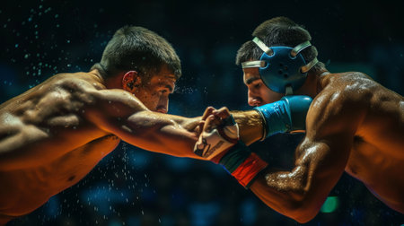 Two wrestlers engaged in a dynamic match, intensity highlighted by dramatic lighting and water sprayの素材