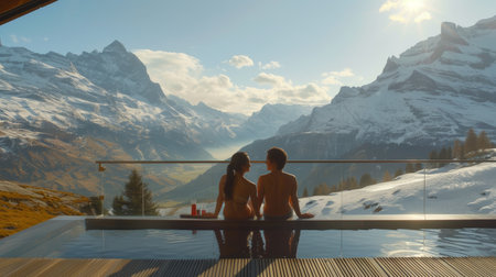 Couple in an infinity pool enjoying a panoramic mountain view in a winter landscapeの素材