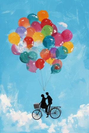 Couple on a bicycle lifted by colorful balloons, evoking whimsy and adventure in a watercolor sceneの素材