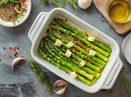 Fresh green asparagus with butter and spices ready for roasting, surrounded by ingredients on a gray surfaceの素材