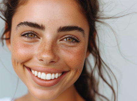 A beautiful and happy brunette girl smiles widely with her white teeth with multiple freckles on a light backgroundの素材
