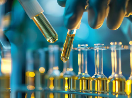 Close-up of a scientist's hands in blue gloves holding test tubes with yellow liquid in a laboratoryの素材