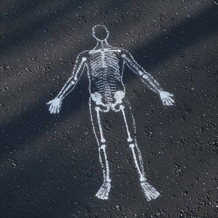 White chalk drawing of a human skeleton on dark asphalt surfaceの素材