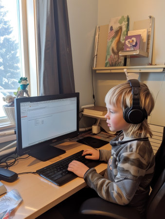 Child wearing headphones focused on work on a desktop computerの素材