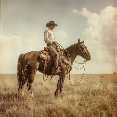 Vintage sepia-toned image of a cowboy riding a horse in an open fieldの素材
