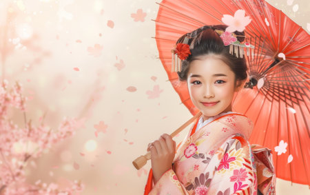 Smiling young girl dressed in a traditional kimono holding a red umbrella amid falling cherry blossoms