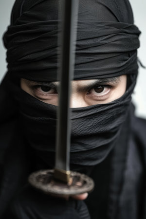Close-up of a ninja's eyes peering intently over the edge of a sword, wrapped in a black shinobi shozokuの素材