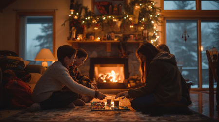 Family enjoying a board game on the floor by a fireplace with Christmas decorationsの素材