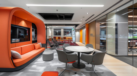 High-tech office space featuring private orange booths and contemporary design elementsの素材