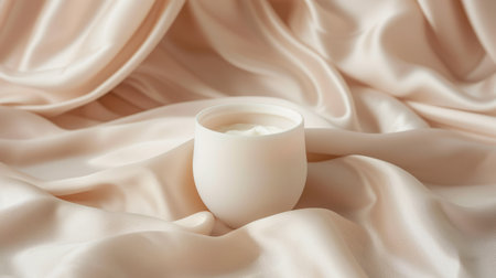 Matte beige jar of cream on a luxurious satin backgroundの素材