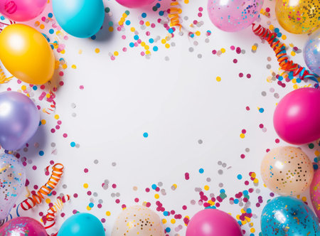 Colorful balloons, ribbons, and confetti on a white background, creating a festive atmosphereの素材