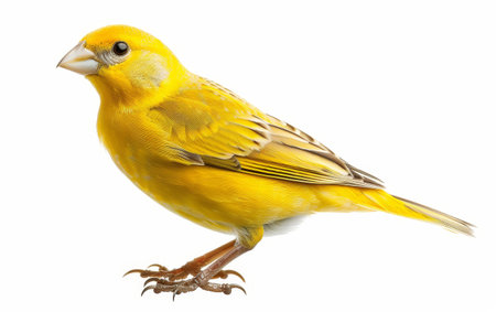 Close-up of a bright yellow canary in profile against a white background, showing its delicate features and vibrant plumageの素材