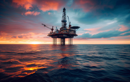 Majestic sunset silhouette of an offshore oil rig, with vibrant skies reflecting on the ocean surfaceの素材