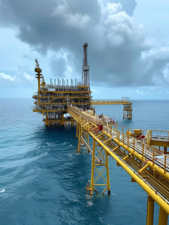 Atmospheric view of an offshore oil rig during a rain shower at sunset, with the sun reflecting on the calm seaの素材