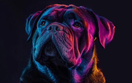 Dramatic portrait of a Boxer dog with a vibrant, colorful light display that accentuates its features against a dark background.の素材