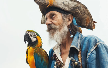 Portrait of a man dressed as a pirate with a colorful macaw perched on his shoulder, both gazing into the distanceの素材