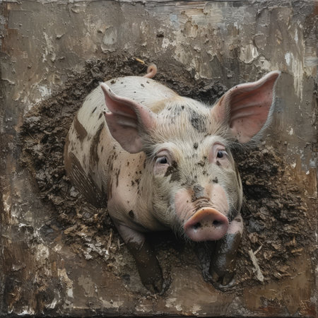 Detailed painting of a pig lying contentedly in mud, with a focus on its satisfied expression and the textured mud surrounding it.の素材