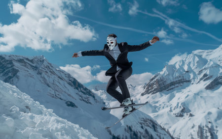 A snowboarder in a sleek black suit and a theatrical mask takes to the skies, combining grace and sport against a breathtaking alpine backdropの素材