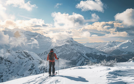 A skier in vibrant orange attire stands poised on the snowy mountain, ready to descend the pristine slopes with the stunning mountain range in the backdropの素材