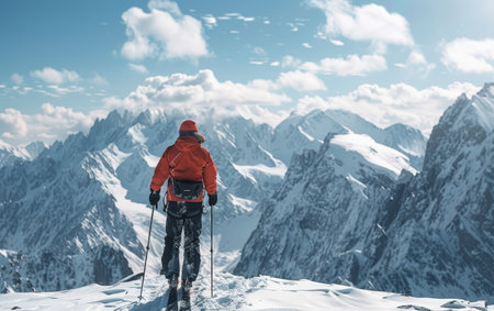 An avid skier stands at the summit, overlooking the expanse of the alpine range, as the clear sky reflects in the visor of his helmet, signaling readiness for the descentの素材