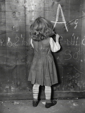 A historical black and white photograph captures a child writing the alphabet on a blackboard. It reflects the timeless nature of early education.の素材