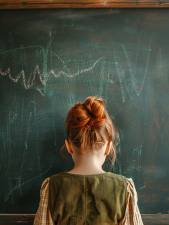 A child's upward gaze meets a chalkboard adorned with colorful chalk scribbles, showing the innocence of early learning.の素材