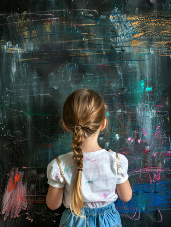 A young girl in a contemplative stance observes her vibrant chalk creations on a blackboard, a testament to childhood imagination.の素材