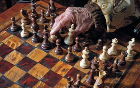 An elderly hand makes a thoughtful chess move, reflecting the wisdom and patience acquired over years of gameplay.の素材