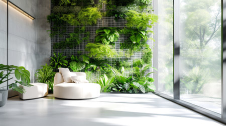 An image displaying a stylish corporate lounge infused with a verdant green wall, promoting relaxation and connection to nature. The contemporary furniture complements the biophilic design.の素材