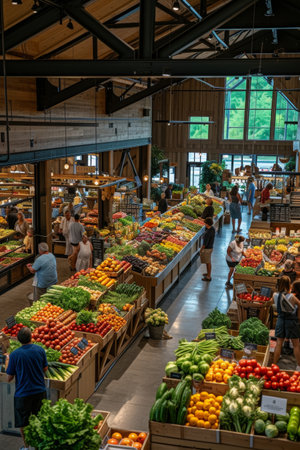 Vibrant and colorful interior of a farm market, bustling with customers and a variety of fresh produce. The market's wooden architecture adds a rustic charm to the lively atmosphereの素材