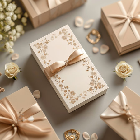 An overhead shot of a sophisticated wedding invitation ensemble, featuring a floral embossed design and satin ribbon, surrounded by matching gift boxes.の素材