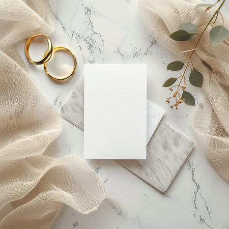 A pristine wedding invitation set is complemented by golden rings and eucalyptus branches, all resting on a marble and tulle background. Symbolizing everlasting love for wedding announcementsの素材