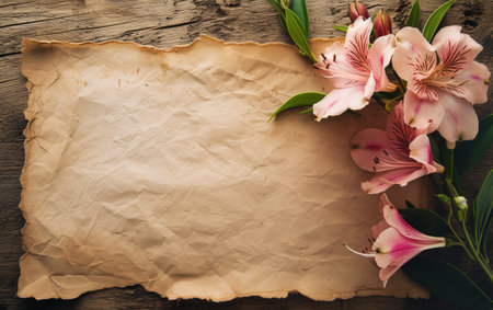 A rustic piece of aged parchment paper is gracefully framed by pink alstroemeria flowers, creating a vintage and timeless background for writing or history-themed designs.の素材