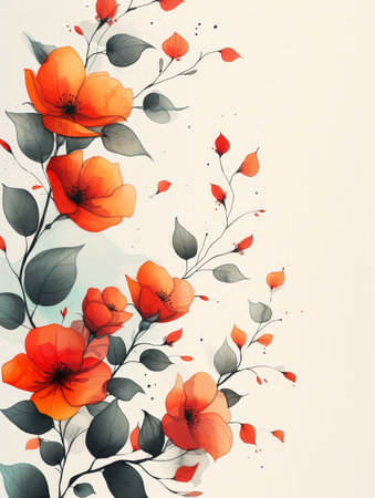 An artistic illustration features bold red flowers with black accents, set against a light background, offering a modern take on botanical artistry.の素材