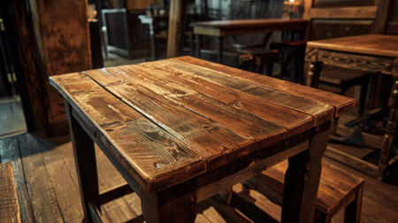 A polished wooden table stretches towards a blurred pub background, exuding a sense of depth and perspective. The rich, dark tones of the wood evoke a vintage charm and timeless characterの素材