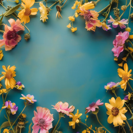 A soft, pastel-colored floral frame encircles a tranquil aqua background. The gentle hues and delicate arrangement invite a calm and sophisticated atmosphere.の素材